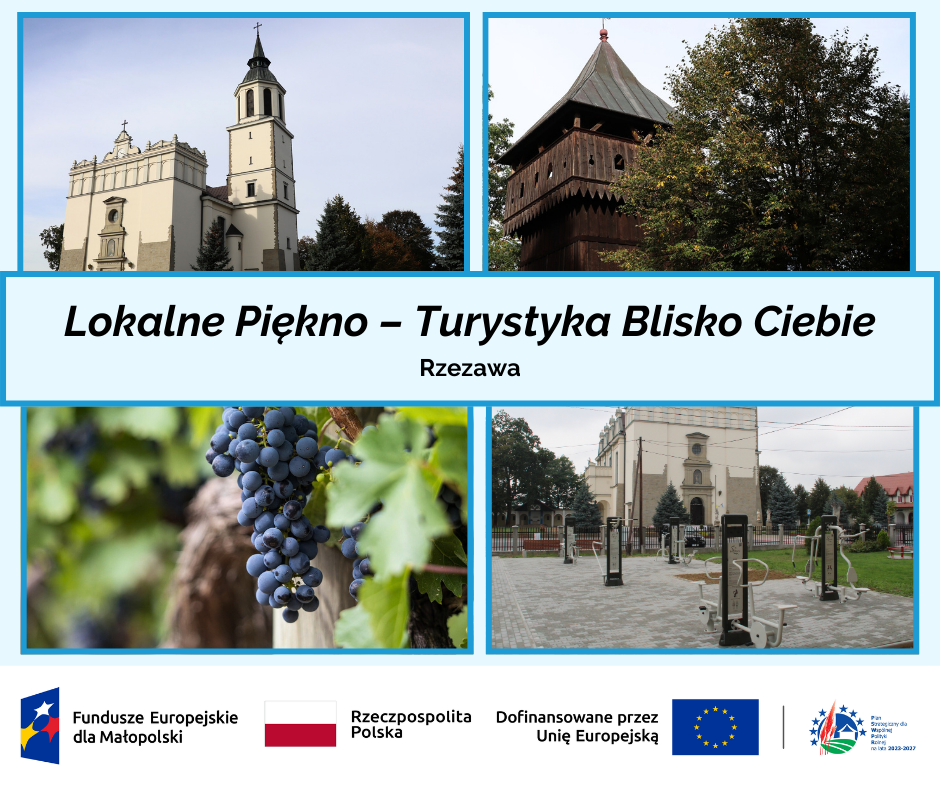Grafika przedstawiająca kolaż z czterech zdjęć przedstawiających atrakcje turystycznej Gminy Rzezawa. Na środku znajduje się hasło "Lokalne Piękno - Turystyka Blisko Ciebie - Rzezawa"