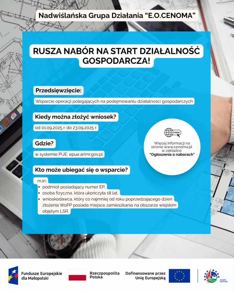 Plakat informacyjny Nadwiślańskiej Grupy Działania „E.O.CENOMA” o naborze wniosków na rozpoczęcie działalności gospodarczej. Treść: Nagłówek: „Rusza nabór na start działalność gospodarcza!” Przedsięwzięcie: Wsparcie operacji polegających na podejmowaniu działalności gospodarczych. Termin składania wniosków: od 1 września 2025 r. do 23 września 2025 r. Gdzie składać: w systemie PUE – epue.arimr.gov.pl. Kto może ubiegać się o wsparcie: m.in. podmiot posiadający numer EP, osoba fizyczna powyżej 18 lat, wnioskodawca zamieszkały co najmniej od roku na obszarze wiejskim objętym LSR. Dodatkowa informacja: więcej szczegółów na stronie www.cenoma.pl w zakładce „Ogłoszenia o naborach”.