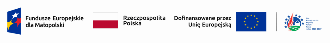 Logotypy Funduszy Europejskich, Małopolski, Planu Strategicznego dla Wspólnej Polityki Rolnej, flagą Polski i flagą Unii Europejskiej